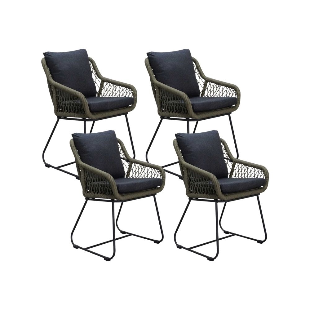 Portofino dining tuinstoel set van 4 | touw + RVS | olijfgroen