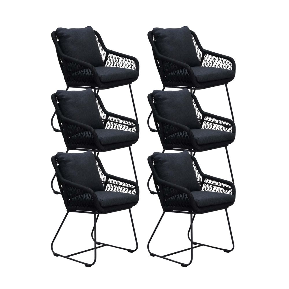 Portofino dining tuinstoel set van 6 | touw + RVS | zwart