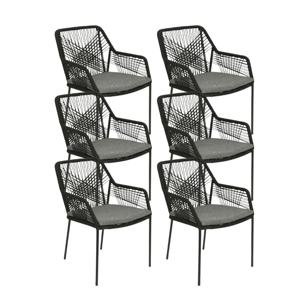 Seville dining tuinstoel set van 6 | touw + staal | zwart