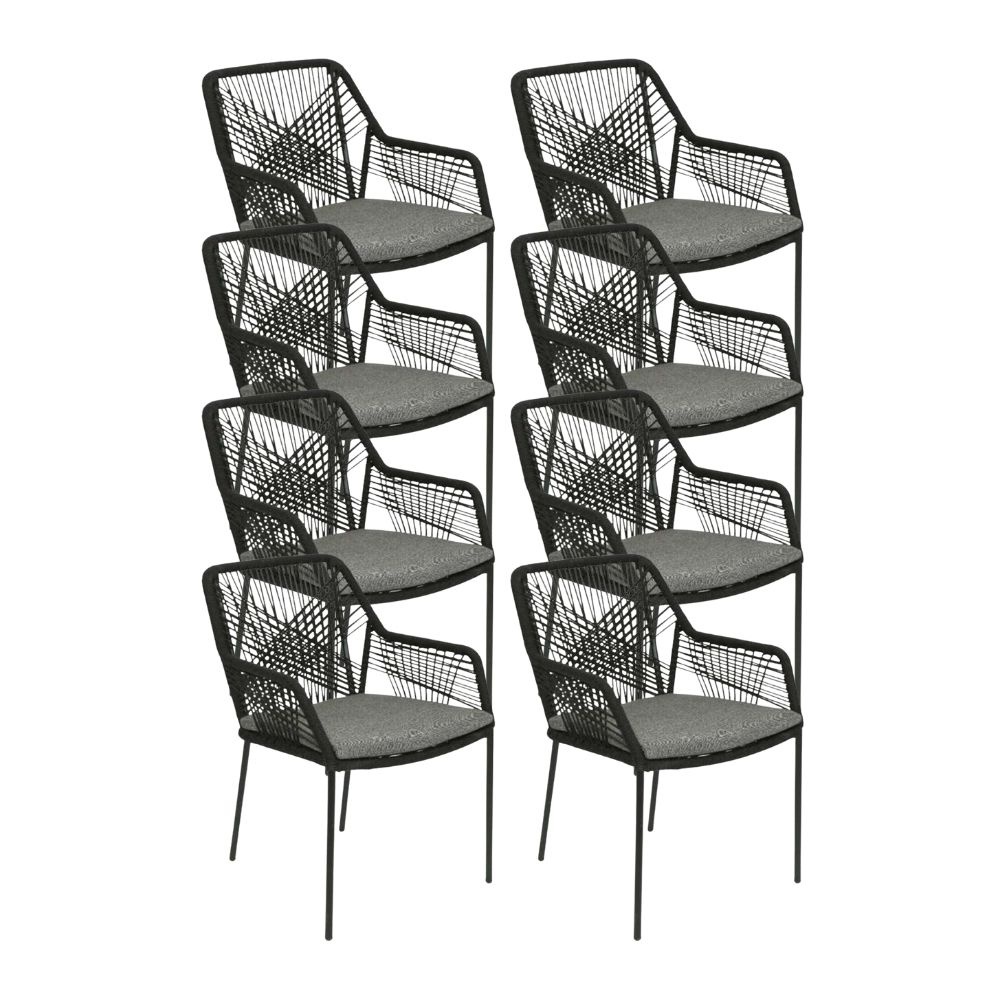 Seville dining tuinstoel set van 8 | touw + staal | zwart