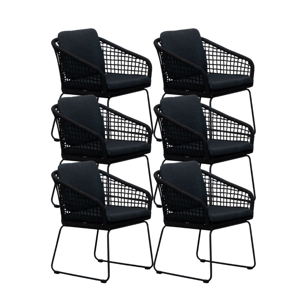 Tulum dining tuinstoel set van 6 | touw + RVS | zwart