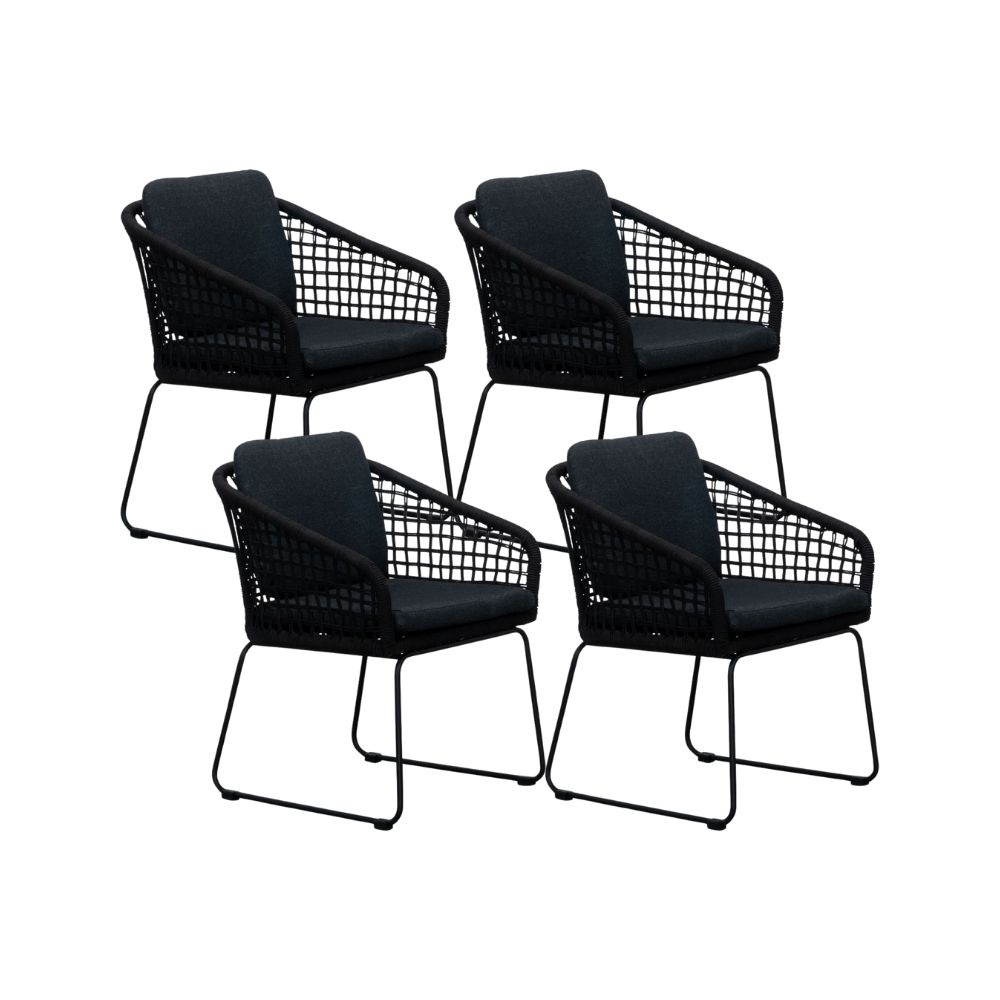 Tulum dining tuinstoel set van 4 | touw + RVS | zwart