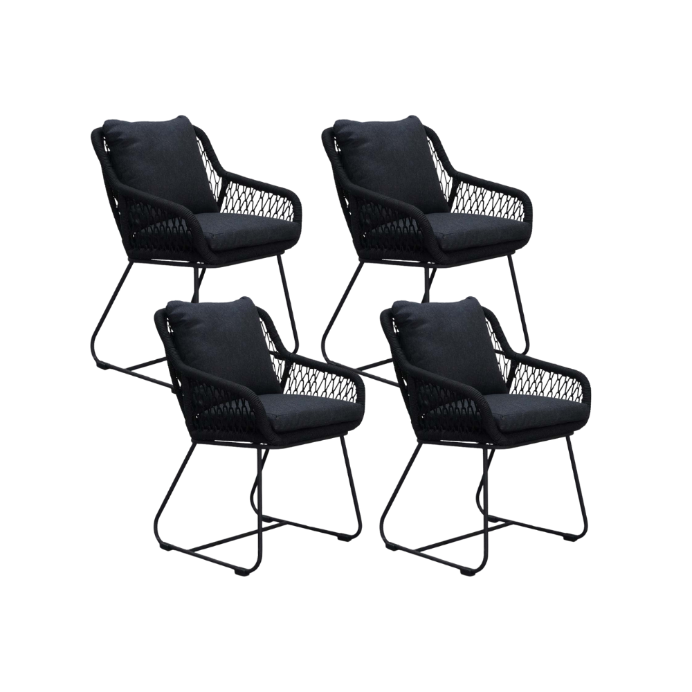 Portofino dining tuinstoel set van 4 | touw + RVS | zwart