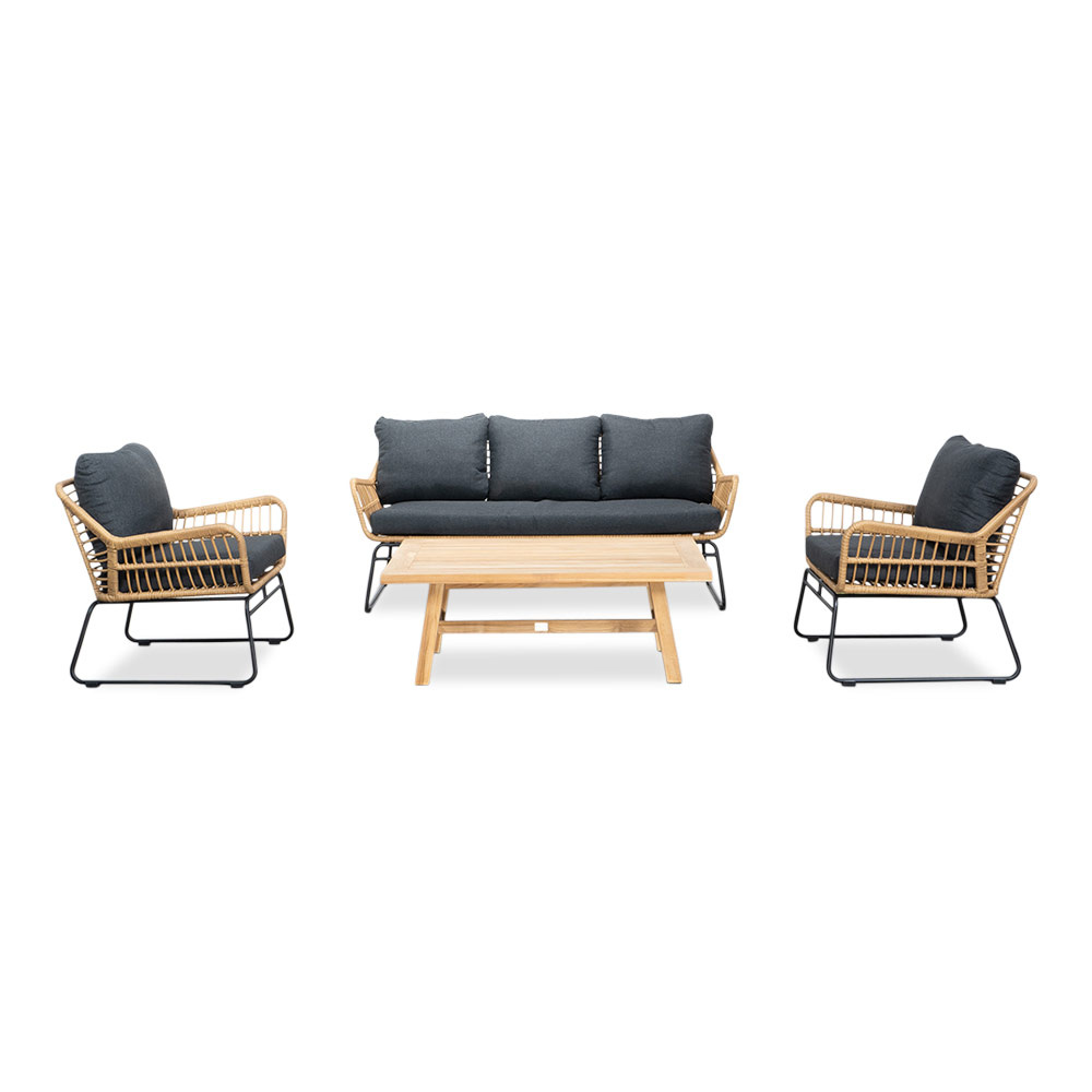 Alvaro stoel-bank loungeset 5 personen | wicker + hardhout | Bamboo antraciet | 4-delig
