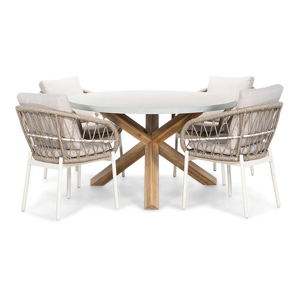 Nancy/Dakota beige/wit dining tuinset | 4 personen | betonlook + touw | 135cm rond afbeelding
