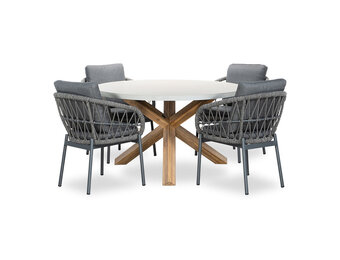 Nancy/Dakota grijs dining tuinset | 4 personen | betonlook + touw | 135cm rond