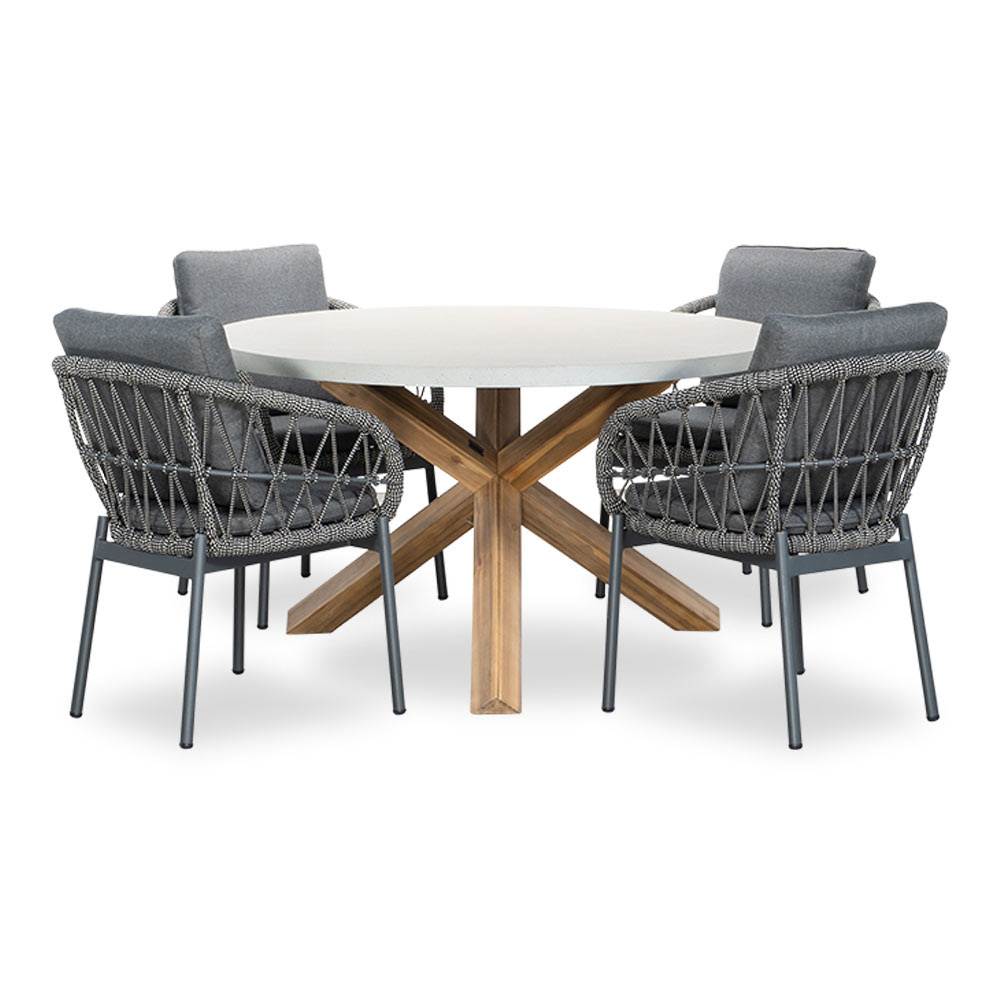 Nancy/Dakota grijs dining tuinset | 4 personen | betonlook + touw | 135cm rond