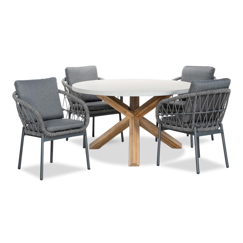 Nancy/Dakota grijs dining tuinset | 4 personen | betonlook + touw | 135cm rond
