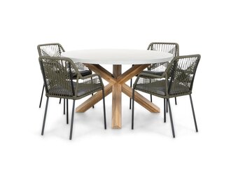 Nancy/Seville olijfgroen dining tuinset | 4 personen | betonlook + touw | 135cm rond