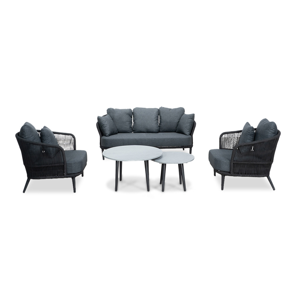 Palermo stoel-bank loungeset met betonlook tafel 5 personen | aluminium + touw | zwart | 5-delig