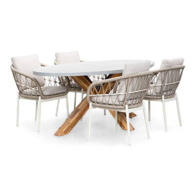 Livorno/Dakota beige/wit dining tuinset | 4 personen | betonlook + touw | 200cm ovaal