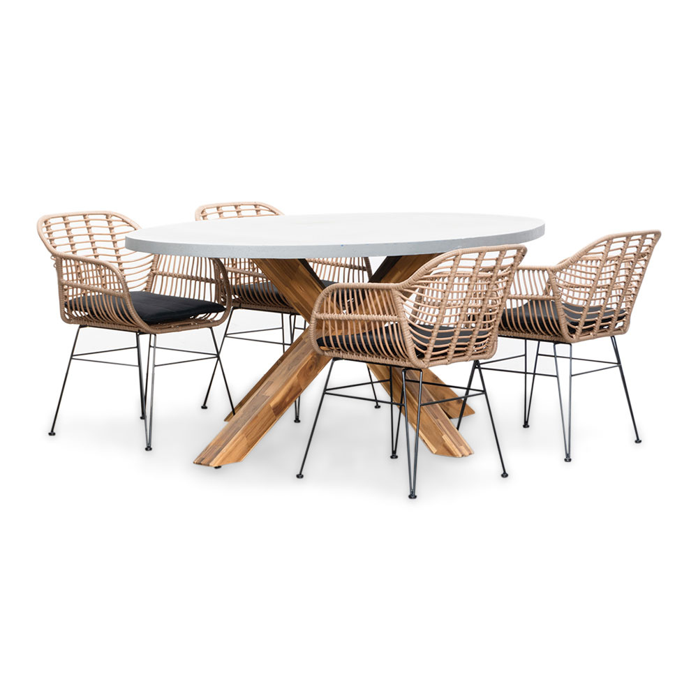 Livorno/Lola dining tuinset | 4 personen | betonlook + wicker | 200cm ovaal afbeelding