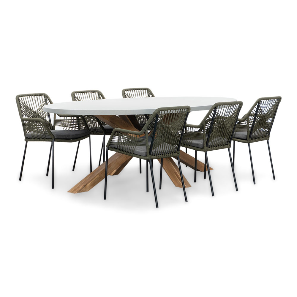 Livorno/Seville olijfgroen dining tuinset | 6 personen | betonlook + touw | 240cm ovaal