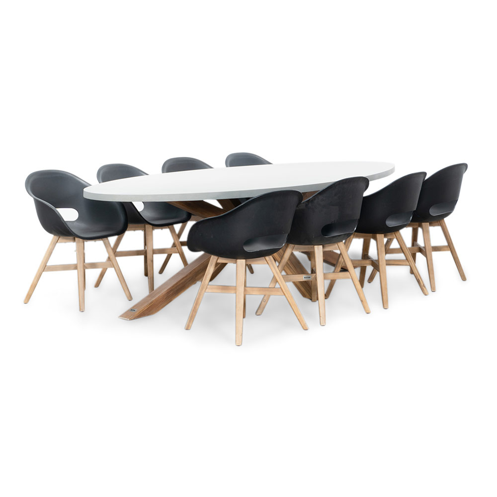 Livorno/Karlstad zwart dining tuinset | 8 personen | betonlook + kunststof | 280cm ovaal afbeelding