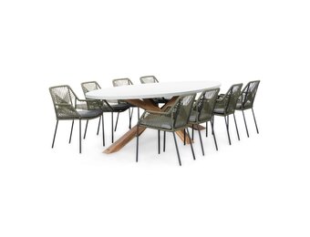 Livorno/Seville olijfgroen dining tuinset | 8 personen | betonlook + touw | 280cm ovaal