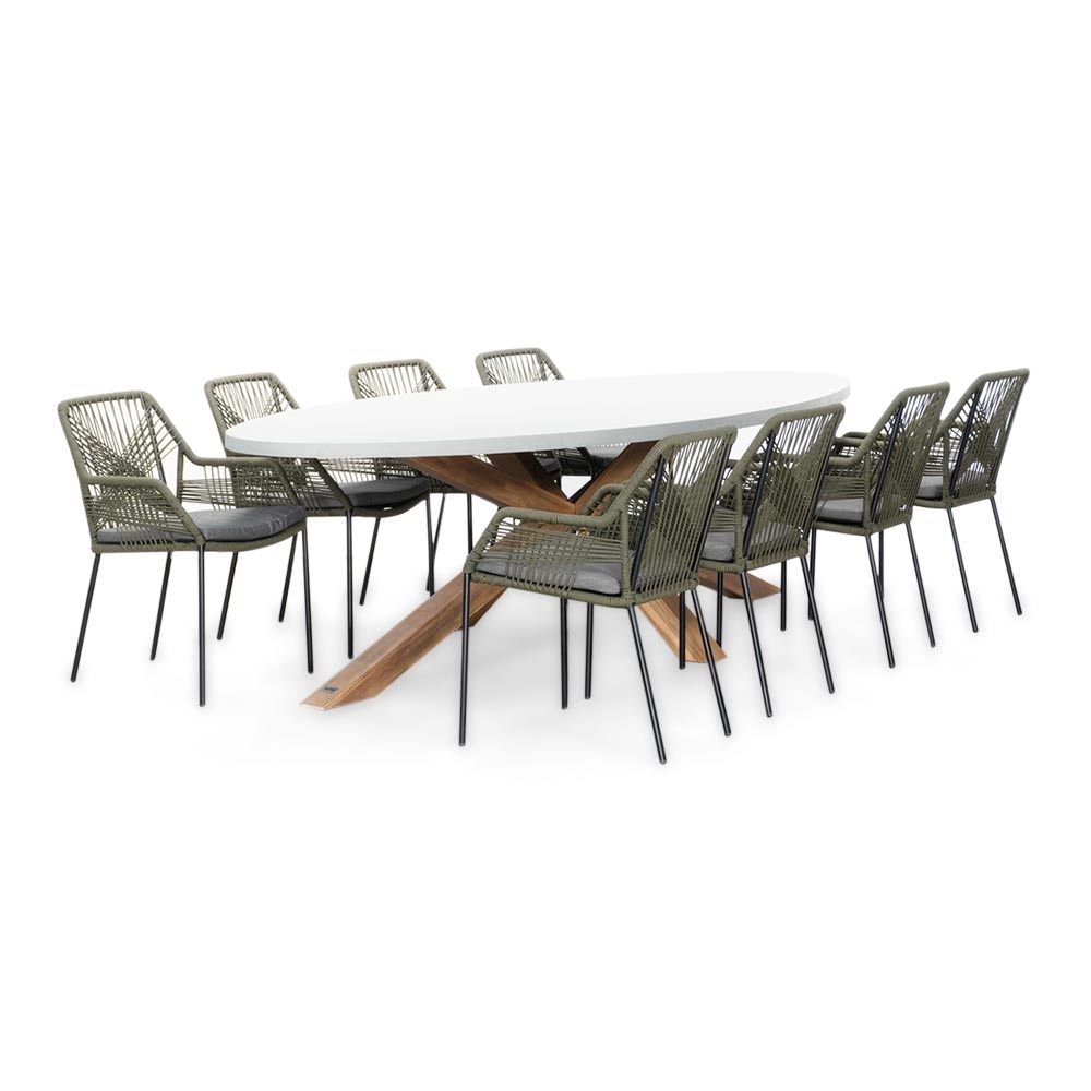 Livorno/Seville olijfgroen dining tuinset | 8 personen | betonlook + touw | 280cm ovaal afbeelding