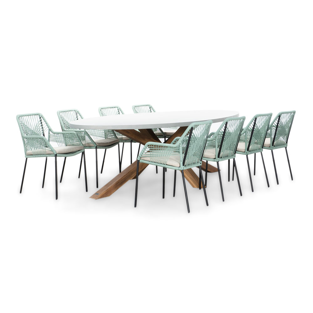 Livorno/Seville mint dining tuinset | 8 personen | betonlook + touw | 280cm ovaal afbeelding