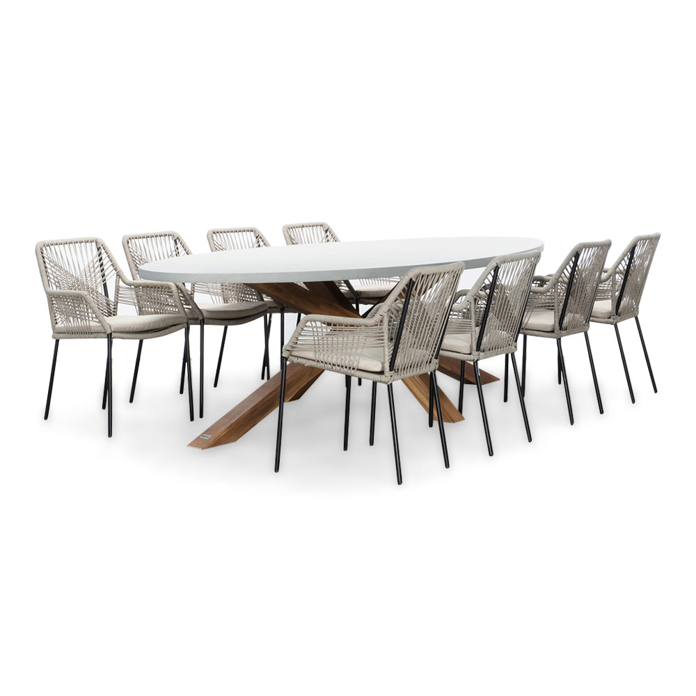 Livorno/Seville zand dining tuinset | 8 personen | betonlook + touw | 280cm ovaal afbeelding