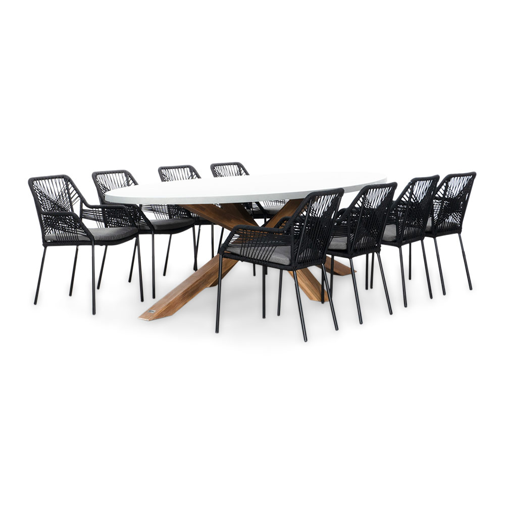 Livorno/Seville zwart dining tuinset | 8 personen | betonlook + touw | 280cm ovaal