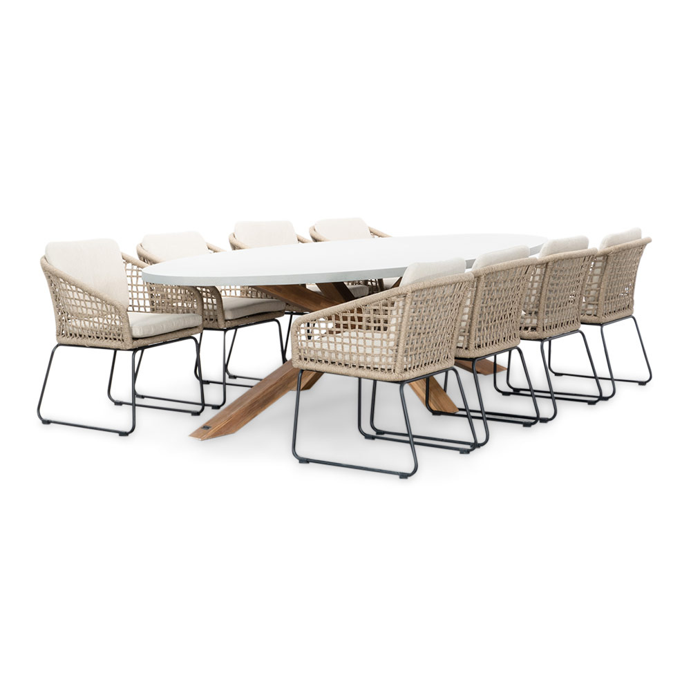 Livorno/Tulum Sahara Dust dining tuinset | 8 personen | betonlook + touw | 280cm ovaal