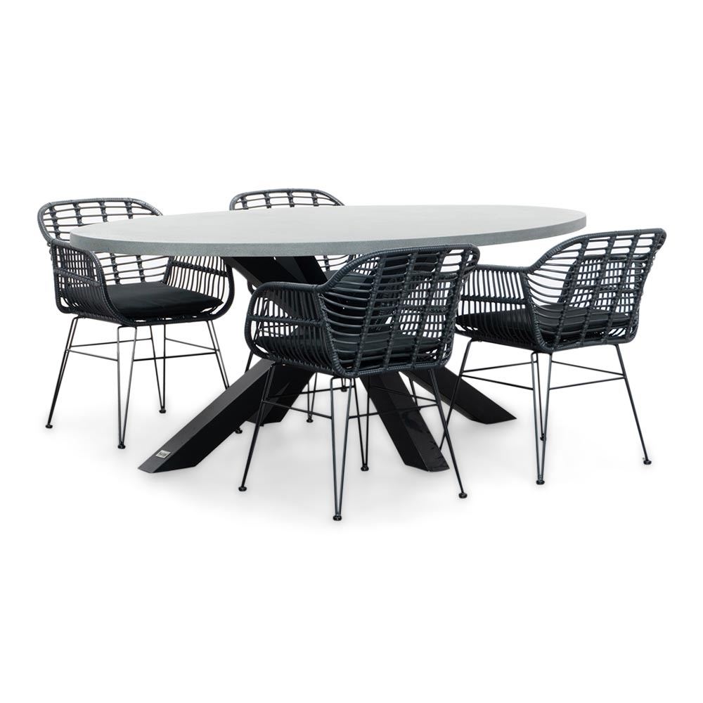Stockholm/Napels dining tuinset | 4 personen | betonlook + wicker | 200cm ovaal