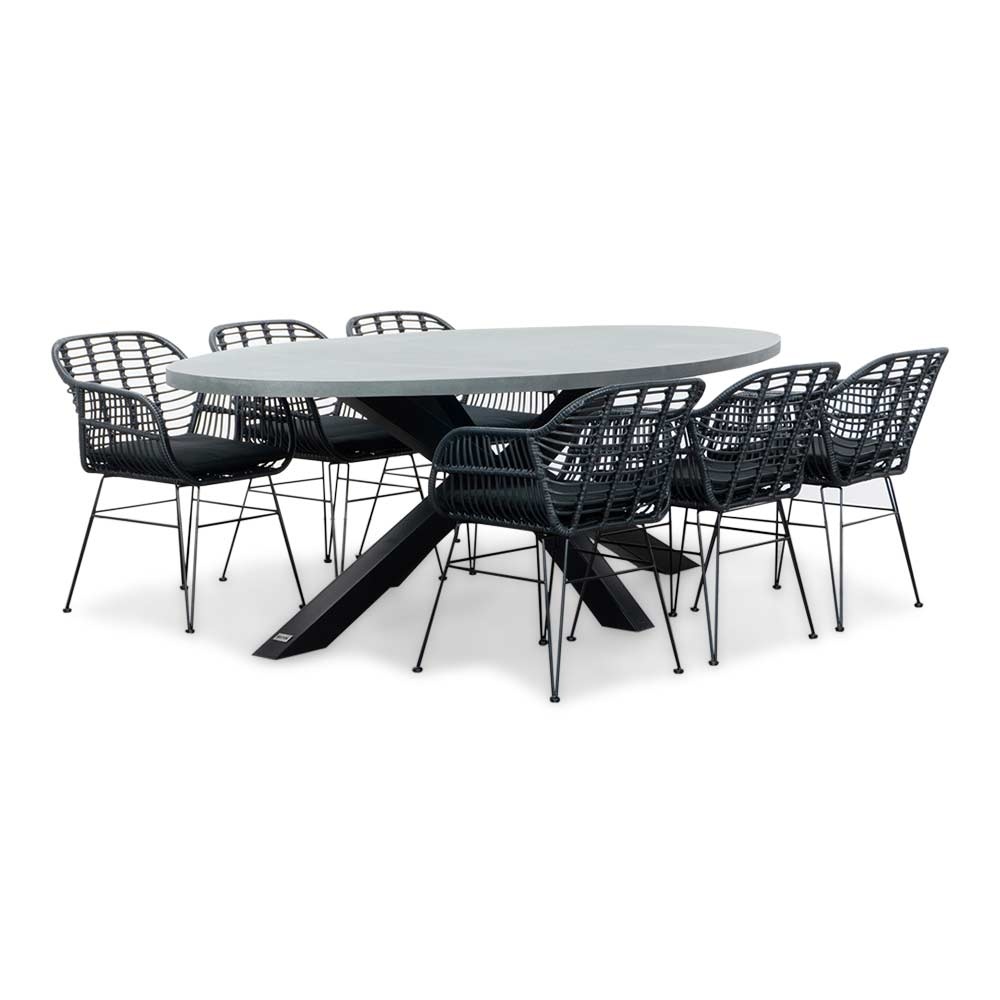 Stockholm/Napels dining tuinset | 6 personen | betonlook + wicker | 240cm ovaal