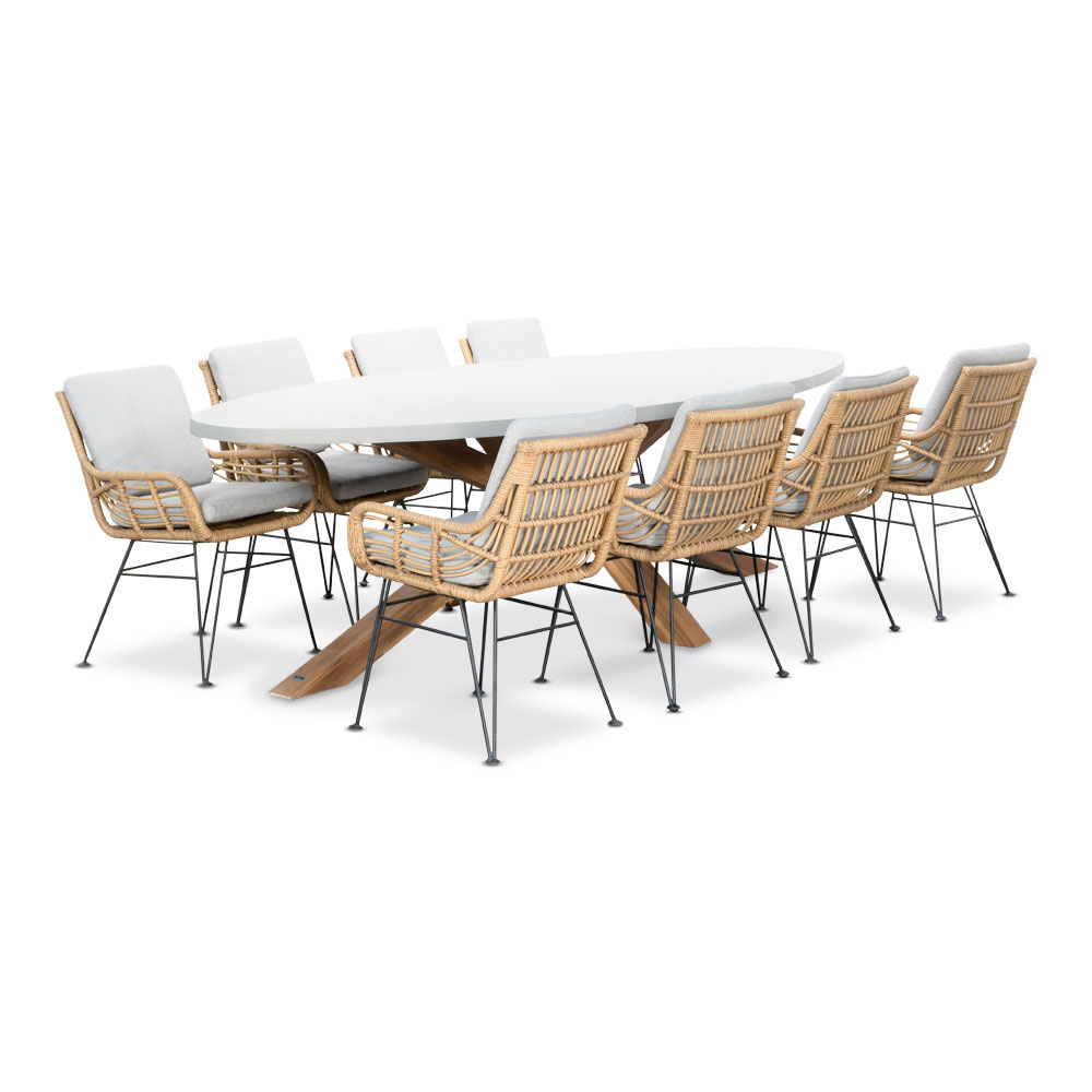 Livorno/Carlos Bamboo taupe dining tuinset | 8 personen | betonlook + wicker | 280cm afbeelding