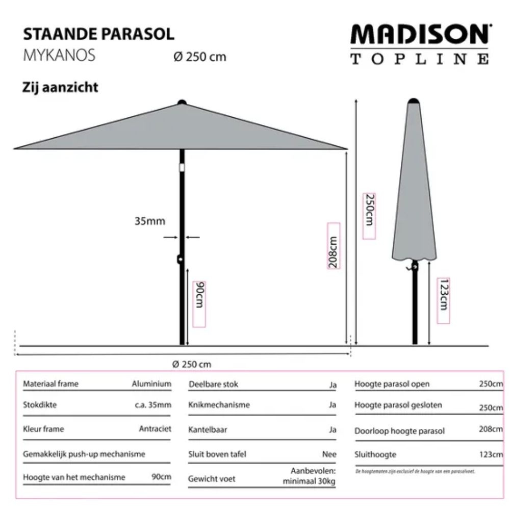 Mykanos stokparasol Ø 250cm | grijs