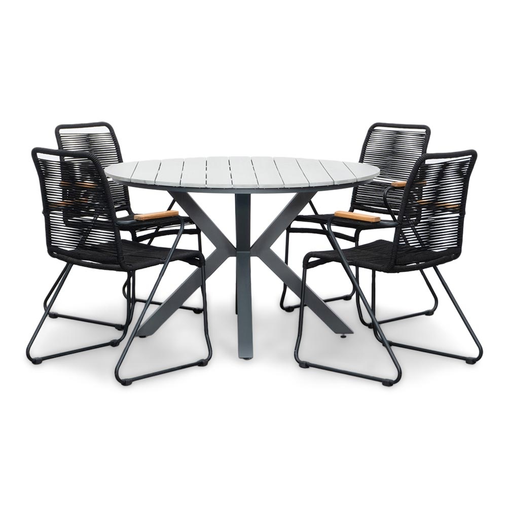 Cervo Grey/Gladys zwart dining tuinset | 4 personen | polywood + touw | 120cm rond