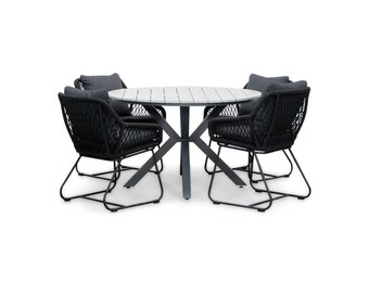 Cervo Grey/Portofino zwart dining tuinset | 4 personen | polywood + touw | 120cm rond
