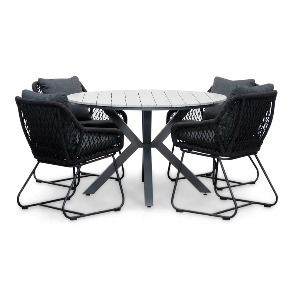 Cervo Grey/Portofino zwart dining tuinset | 4 personen | polywood + touw | 120cm rond