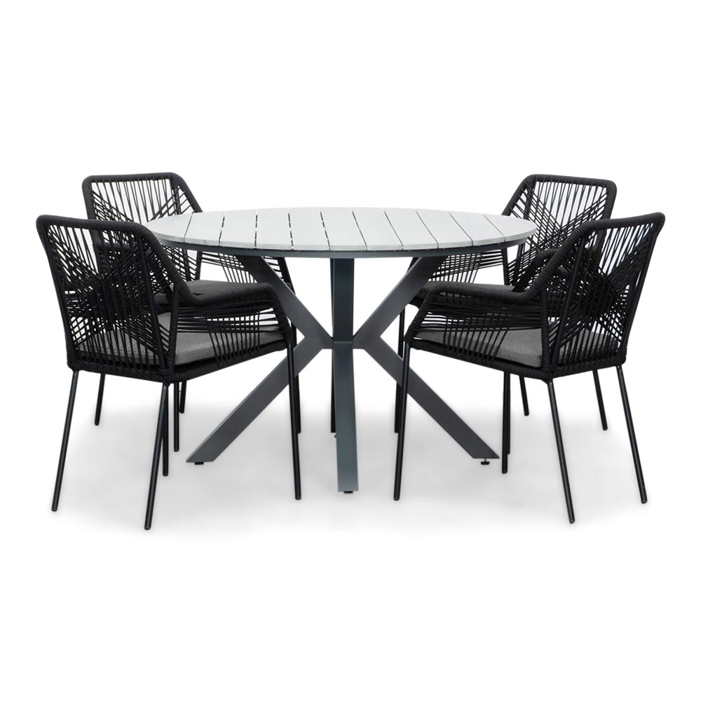 Cervo Grey/Seville zwart dining tuinset | 4 personen | polywood + touw | 120cm rond