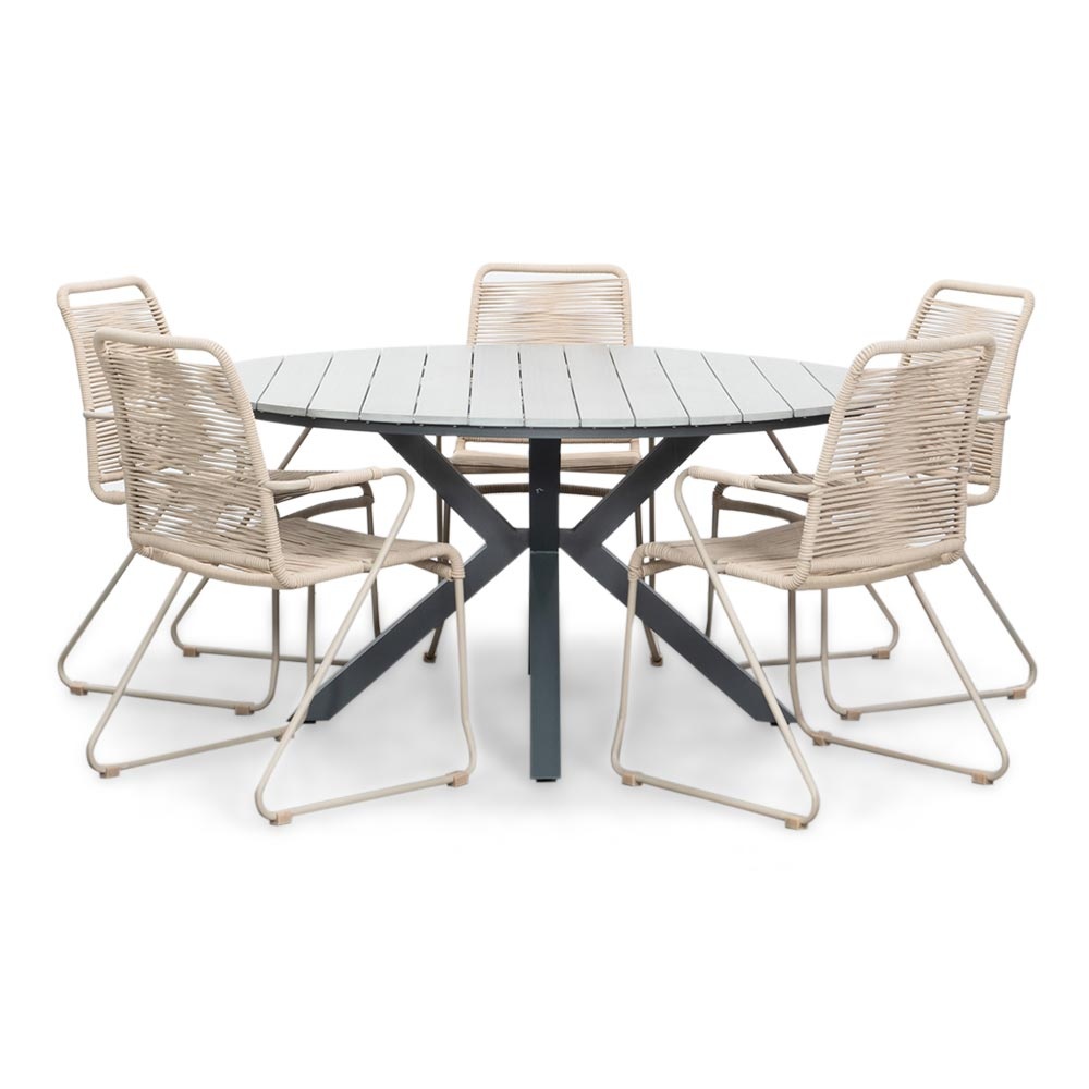 Cervo Grey/Gladys zand dining tuinset | 5 personen | polywood + touw | 144cm rond