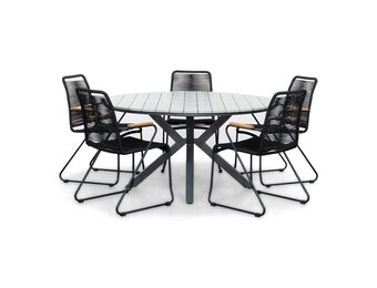 Cervo Grey/Gladys zwart dining tuinset | 5 personen | polywood + touw | 144cm rond