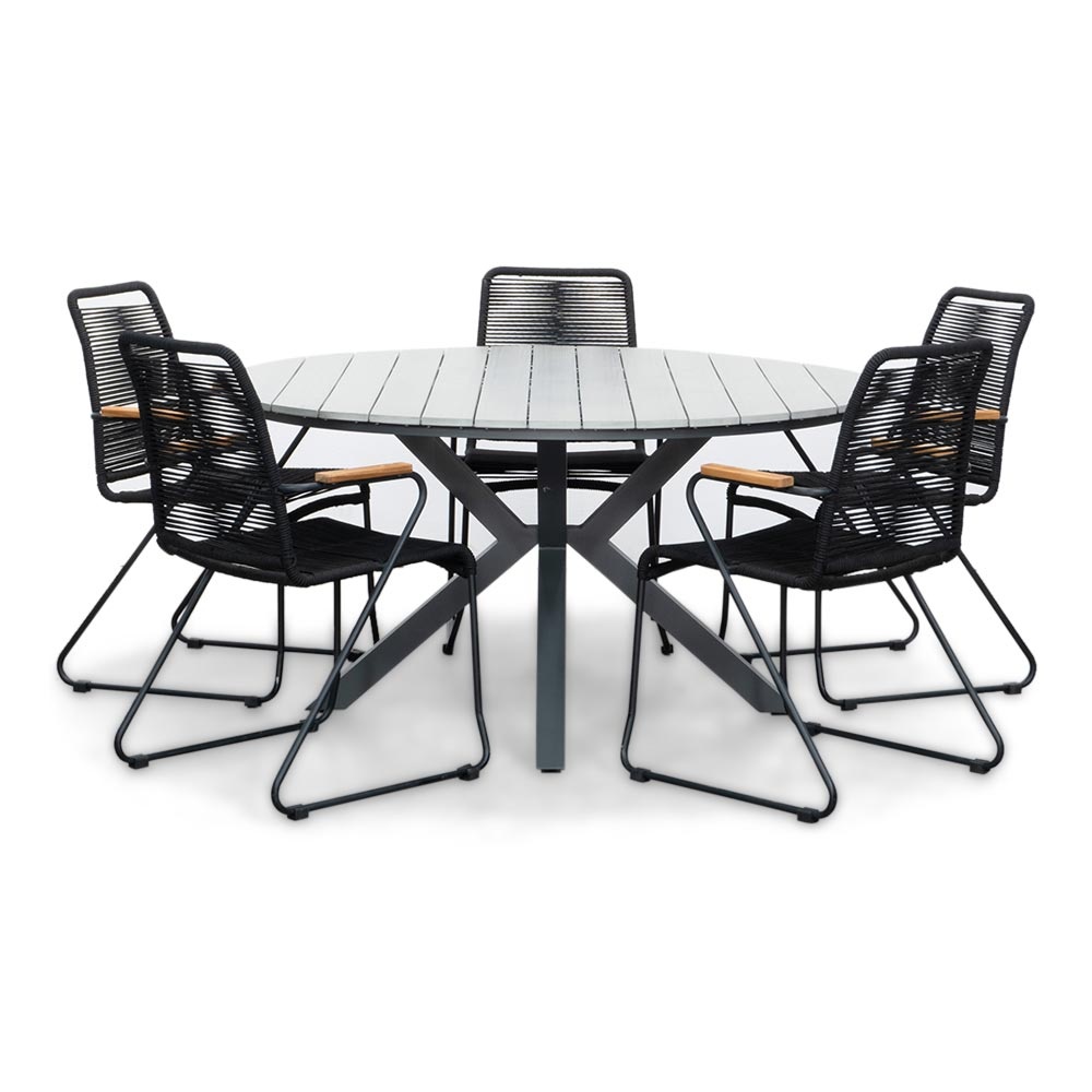 Cervo Grey/Gladys zwart dining tuinset | 5 personen | polywood + touw | 144cm rond