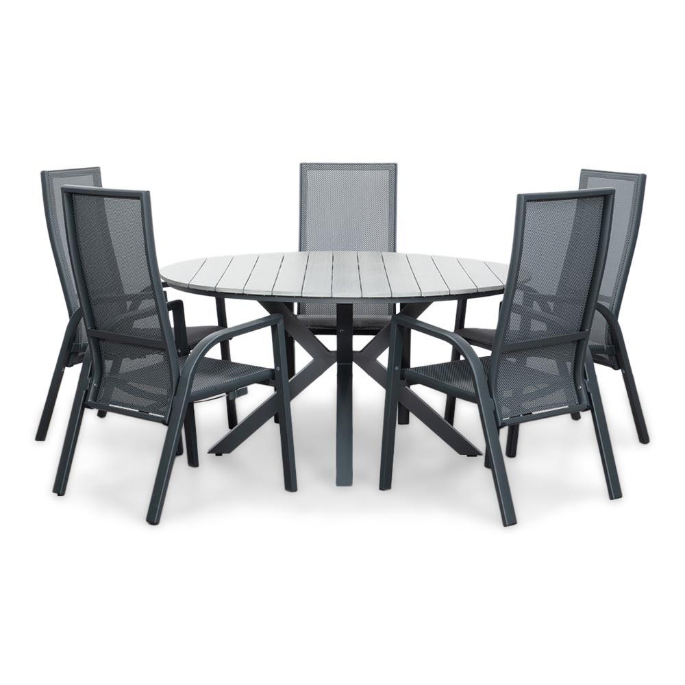 Cervo Grey/Mojito Negro dining tuinset | 5 personen | polywood + textileen | 144cm rond