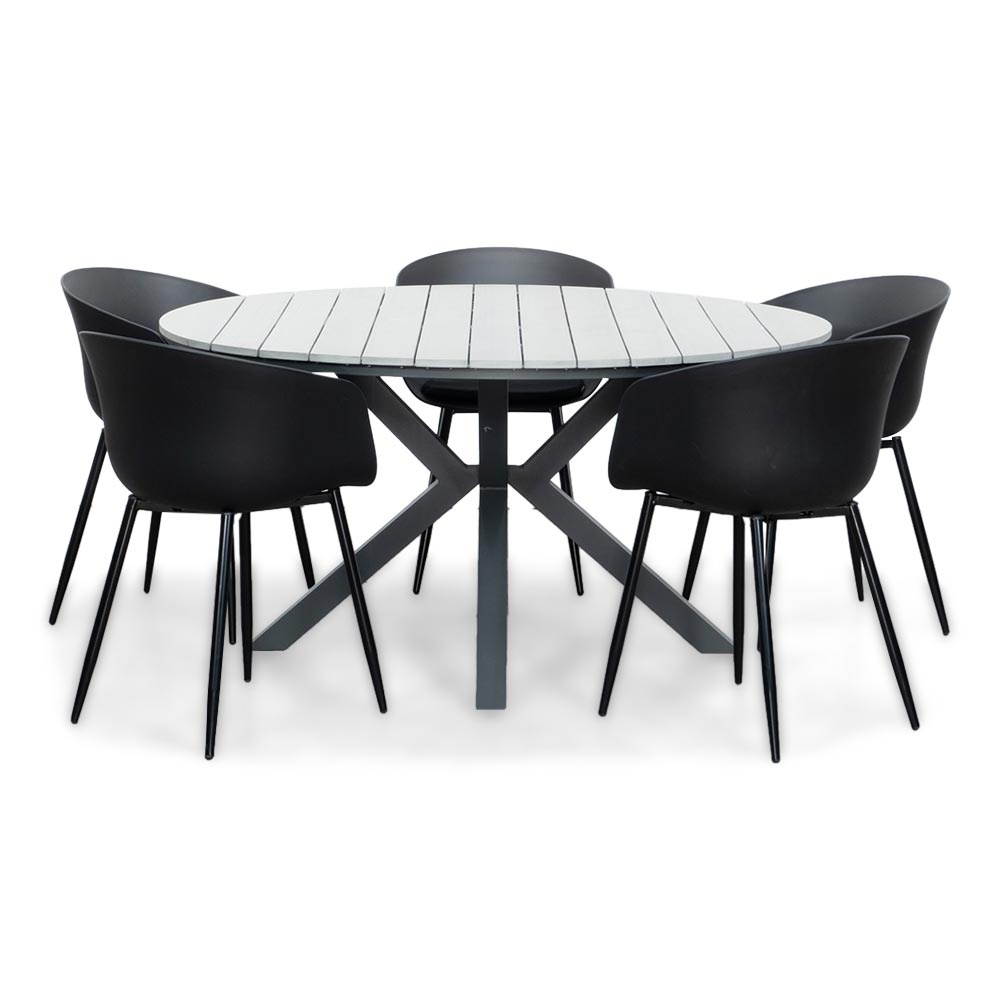 Cervo Grey/Rikki zwart dining tuinset | 5 personen | polywood + kunststof | 144cm rond