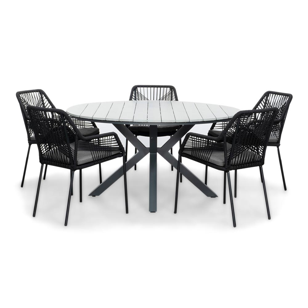 Cervo Grey/Seville zwart dining tuinset | 5 personen | polywood + touw | 144cm rond