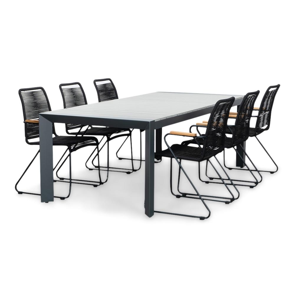 Cortona Grey/Gladys zwart dining tuinset | 6 personen | polywood + touw | 220cm