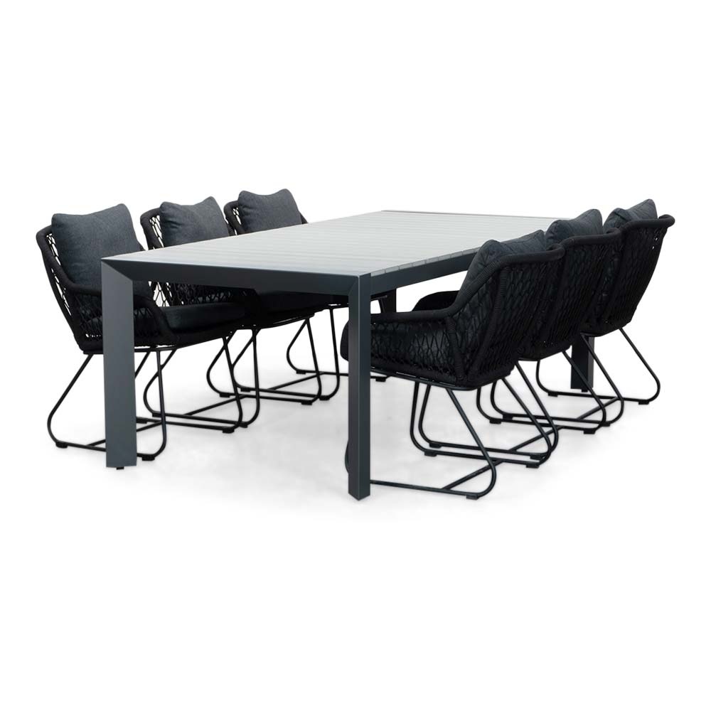 Cortona Grey/Portofino zwart dining tuinset | 6 personen | polywood + touw | 220cm