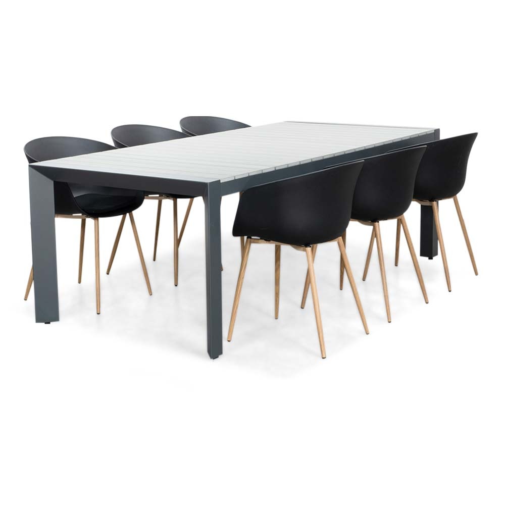Cortona Grey/Rikki houtlook zwart dining tuinset | 6 personen | polywood + kunststof | 220cm
