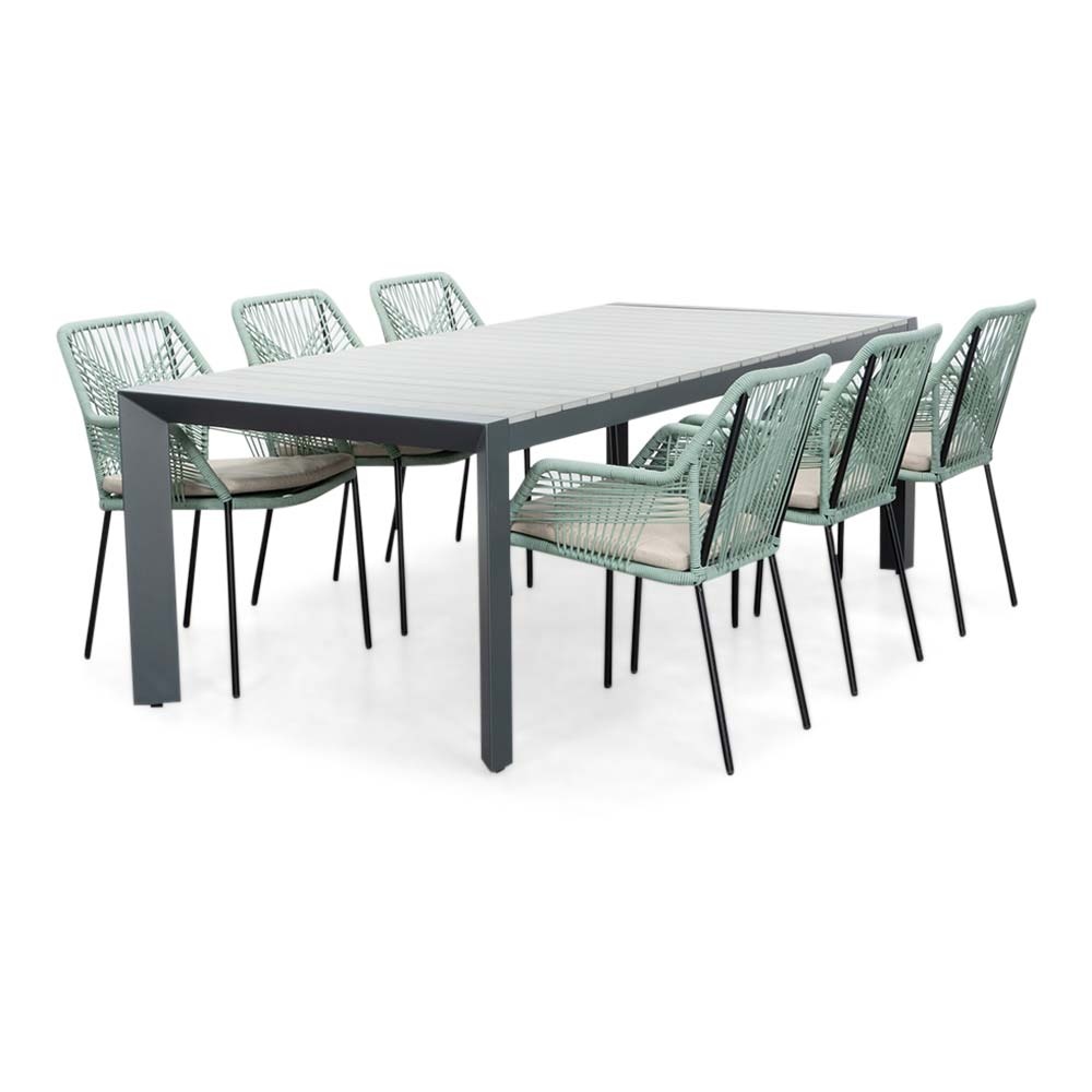 Cortona Grey/Seville mint dining tuinset | 6 personen | polywood + touw | 220cm