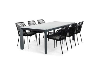 Cortona Grey/Seville zwart dining tuinset | 6 personen | polywood + touw | 220cm