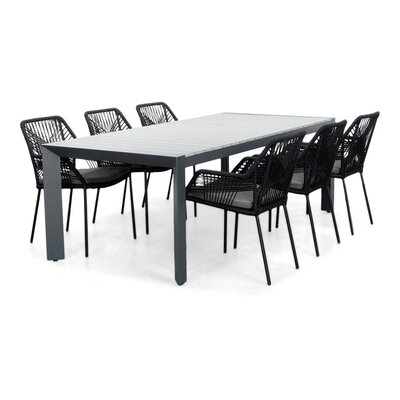 Cortona Grey/Seville zwart dining tuinset | 6 personen | polywood + touw | 220cm