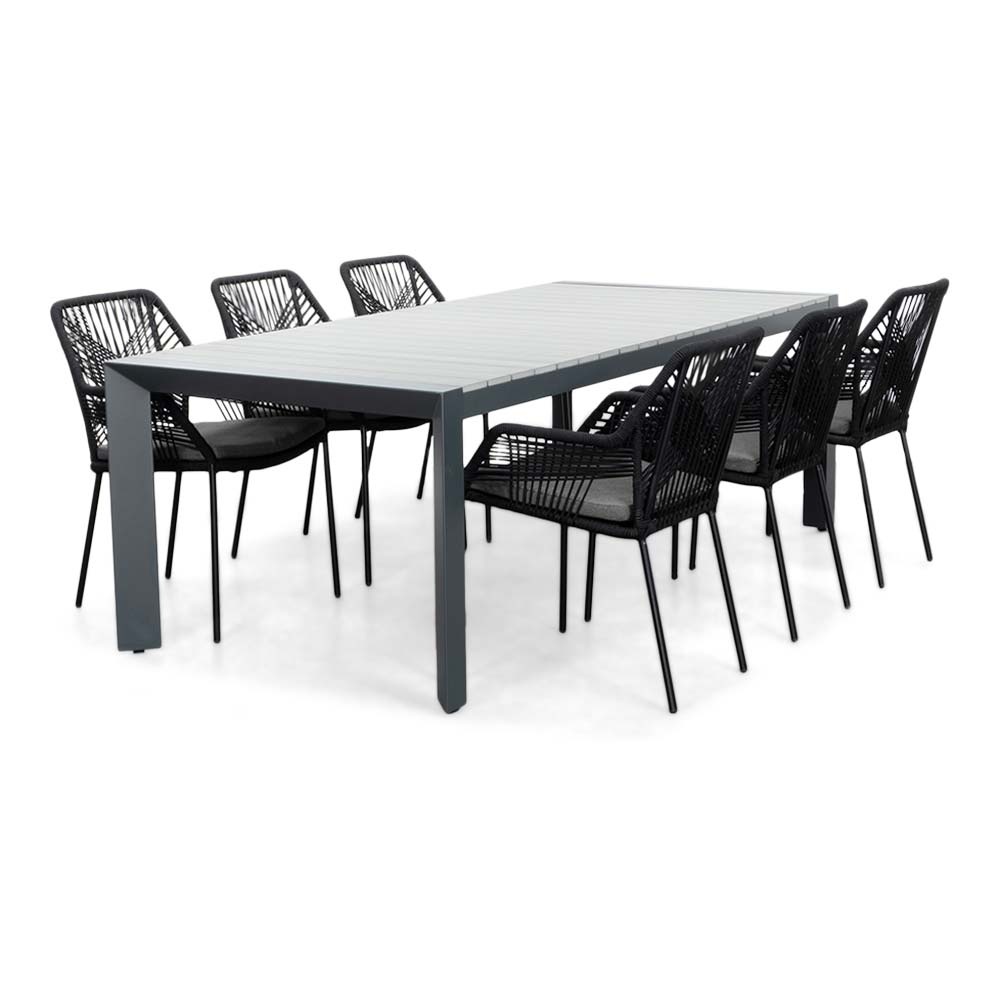 Cortona Grey/Seville zwart dining tuinset | 6 personen | polywood + touw | 220cm