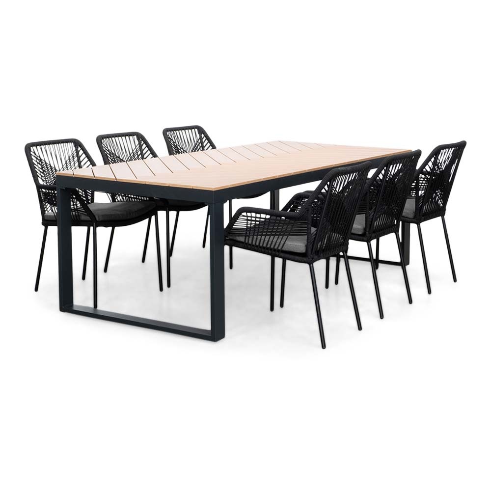 Kampa Natural/Seville zwart dining tuinset | 6 personen | polywood + touw | 210cm