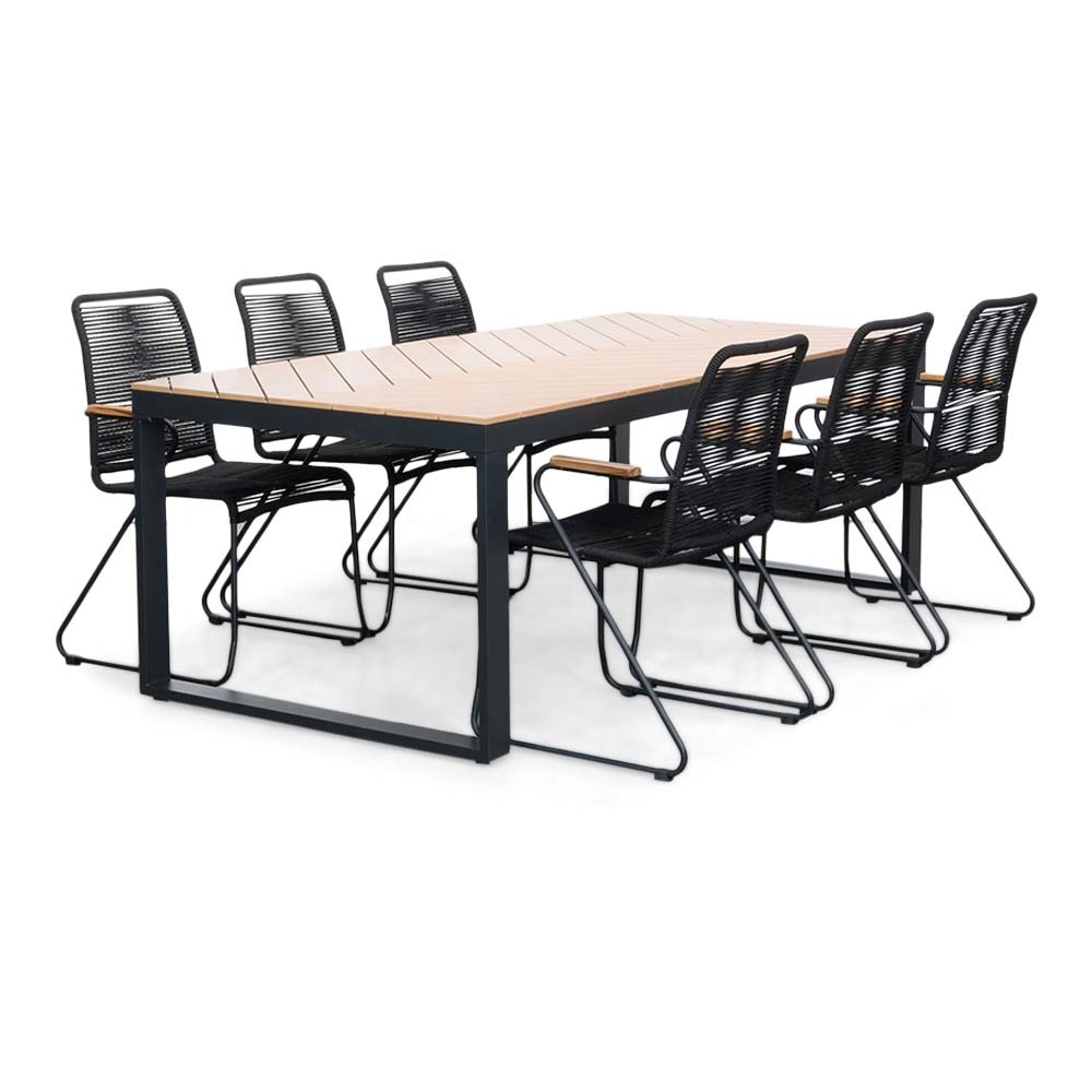 Kampa Natural/Gladys zwart dining tuinset | 6 personen | polywood + touw | 210cm