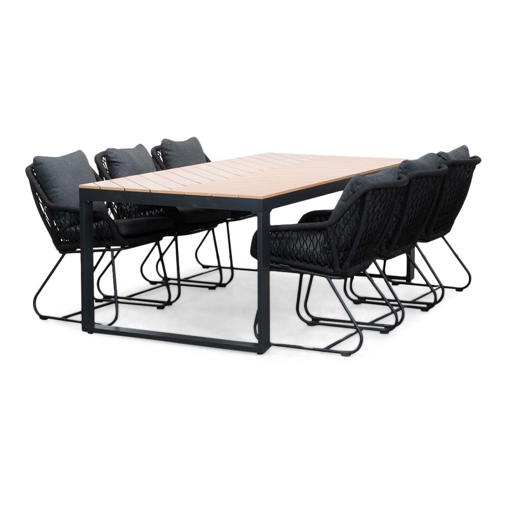 Kampa Natural/Portofino zwart dining tuinset | 6 personen | polywood + touw | 210cm
