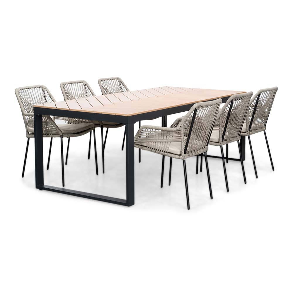 LUX outdoor living Kampa Natural/Seville zand dining tuinset | 6 personen | polywood + touw | 210cm – Taupe – Naturel – Bruin