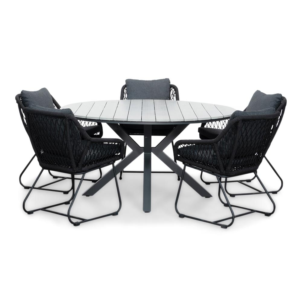 Cervo Grey/Portofino zwart dining tuinset | 5 personen | polywood + touw | 144cm